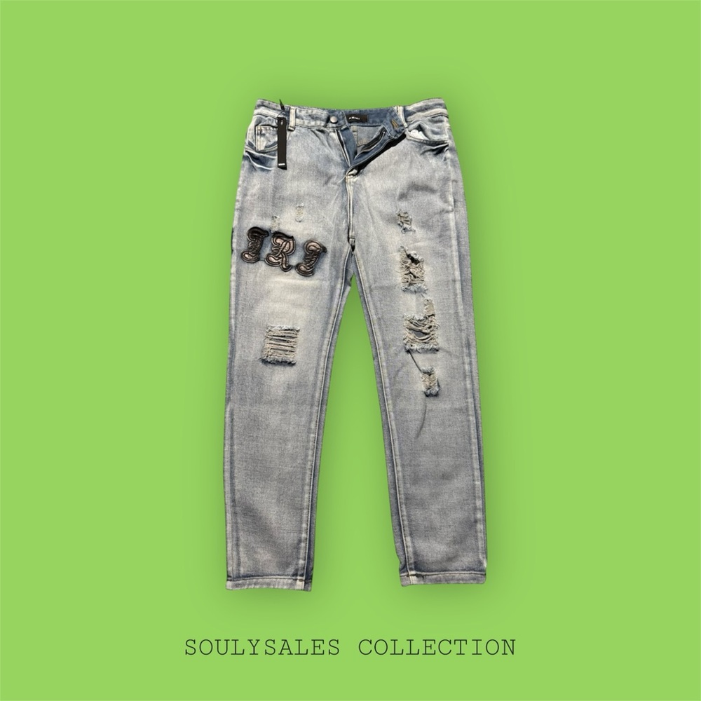 AMIRI 36 Distressed Gray Jeans with Logo